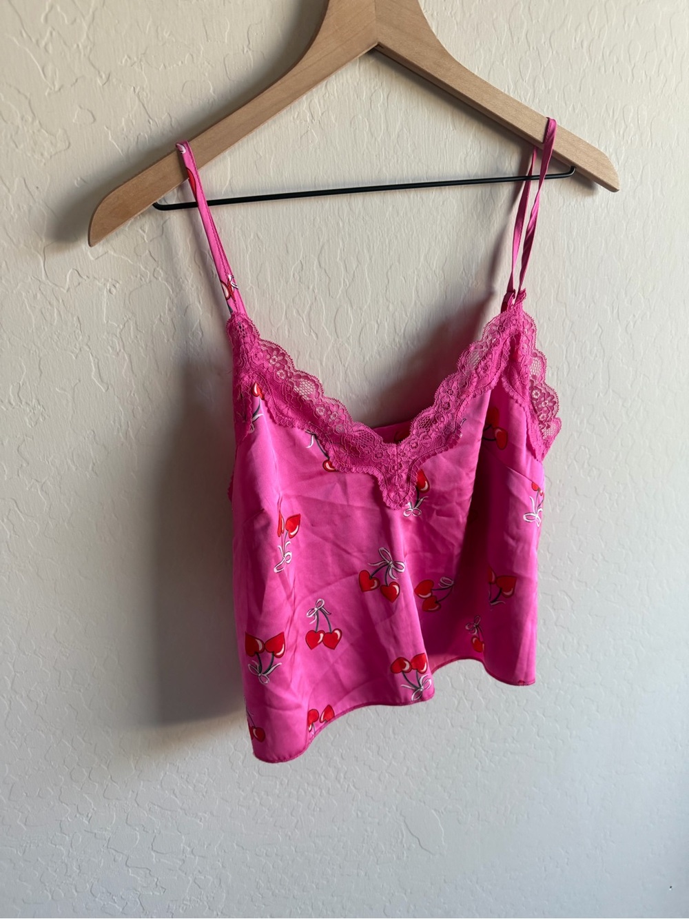 Pink Cherry Bows Lace Satin Cami Size M 90s Y2K Barbiecore Coquette Whimsy Fairy - Picture 4 of 5